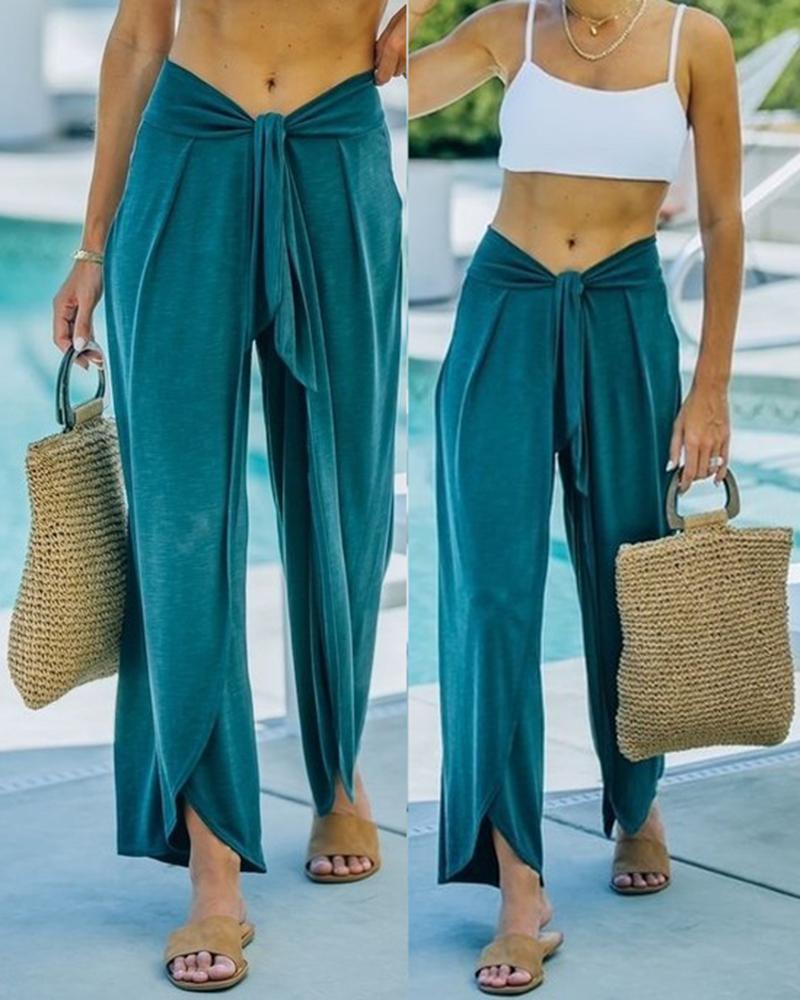 

Knotted Wide Leg Casual Pants, Green