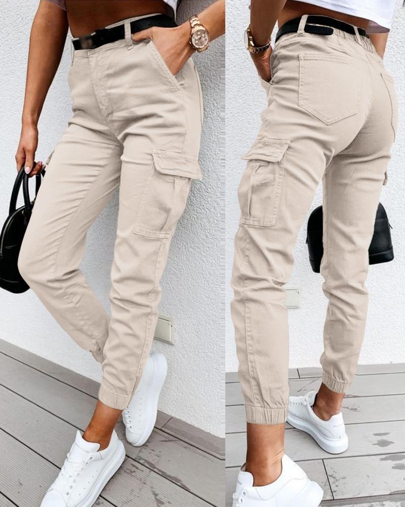 

Pocket Design High Waist Cargo Pants, Apricot