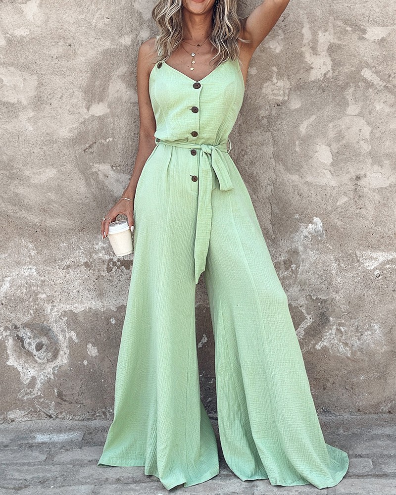 Sleeveless VNeck Tied Waist Jumpsuit Button Down Wide Leg Outfits