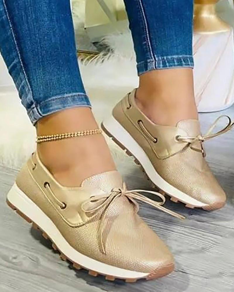 

Tie Detail Round Toe Slip On Sneakers, Gold