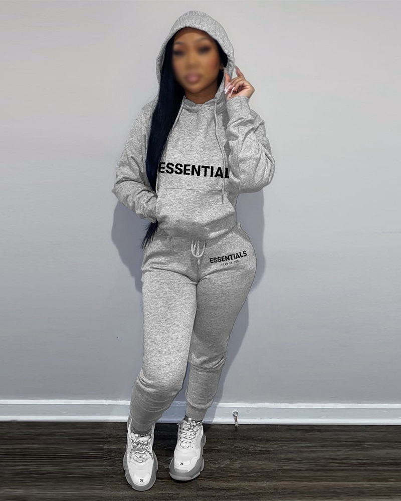 

Letter Print Long Sleeve Hoodie & Pants Set, Gray