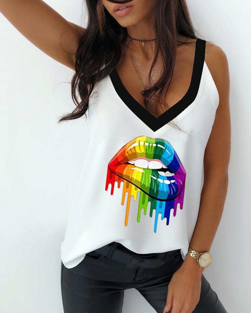 

Lip Print V-neck Casual Tank Top, White