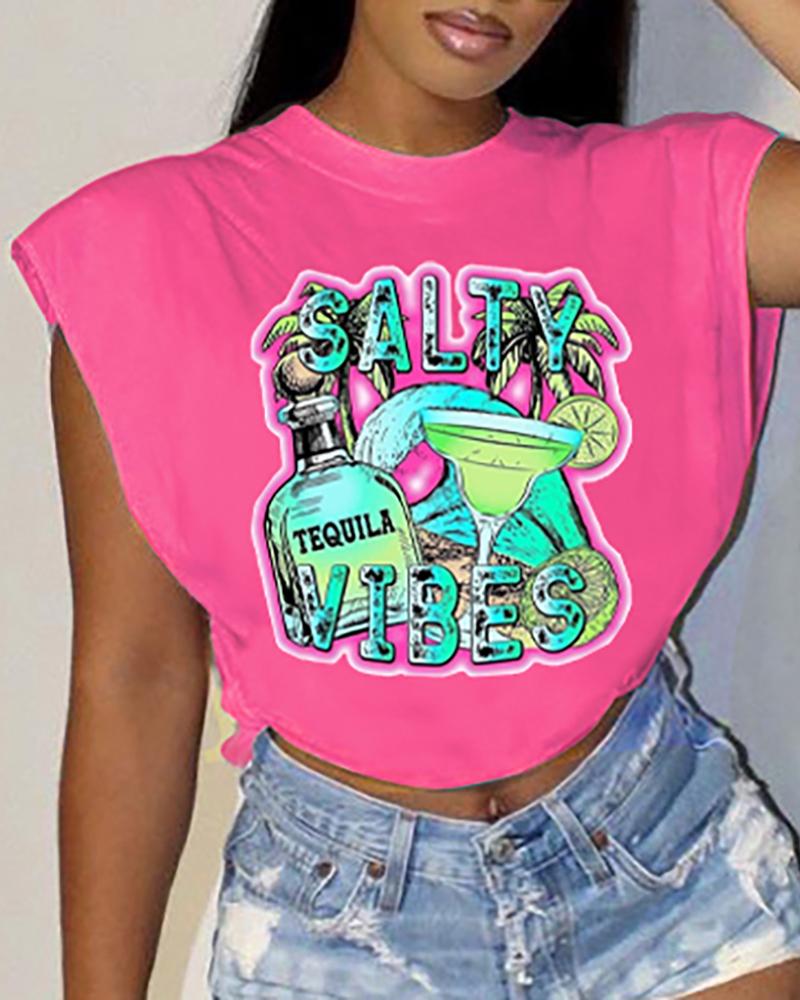 

Letter Graphic Print Cap Sleeve T-shirt, Hot pink
