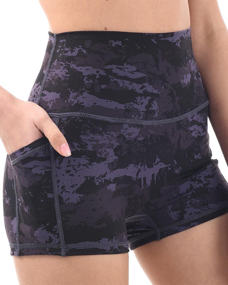 

Camouflage Print High Waist Skinny Sport Short Pants, Black