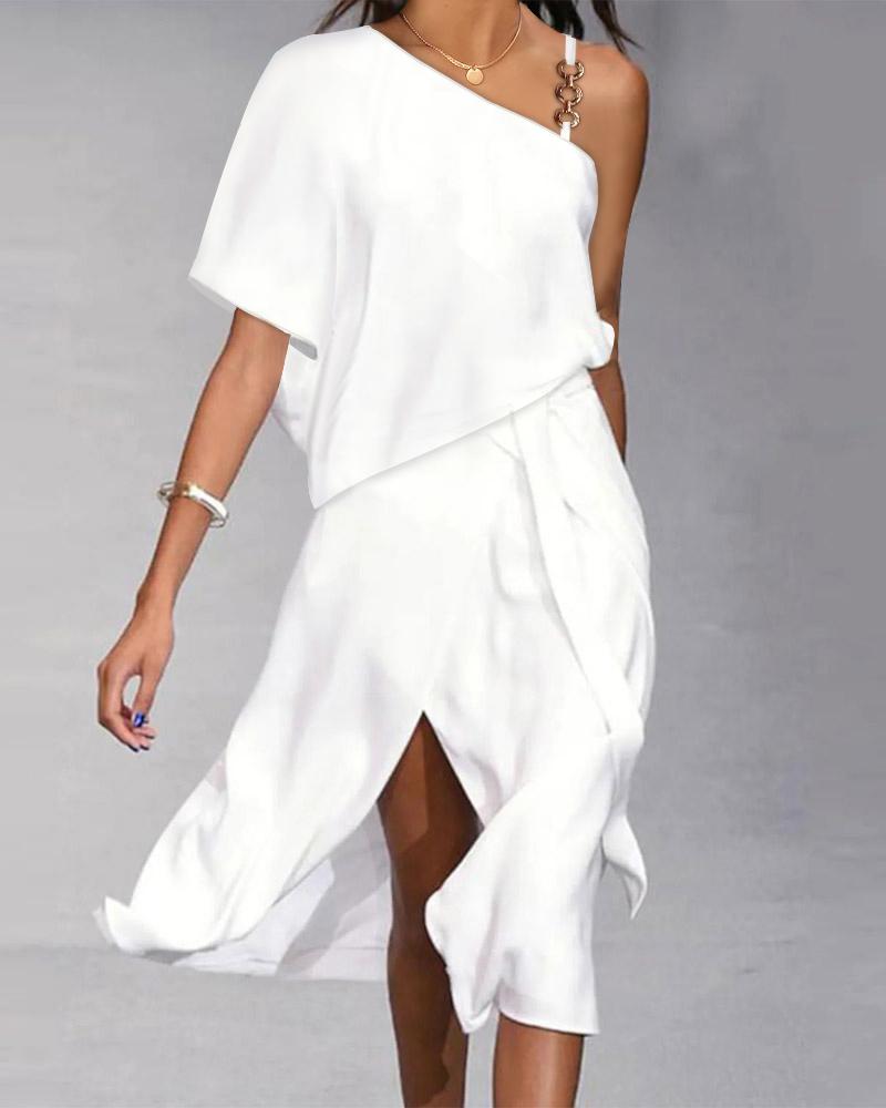 

Asymmetrical Neck Slit Belted Casual Dress, White