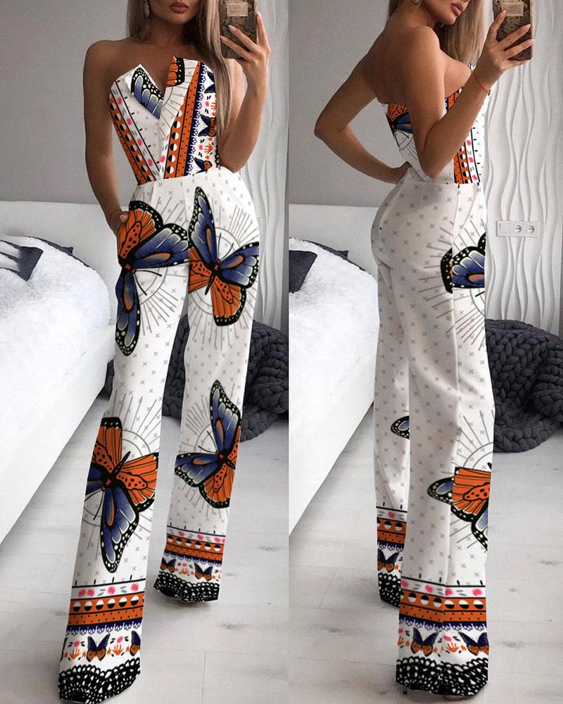 

Butterfly Print Bandeau V-Cut Jumpsuit, Multicolor