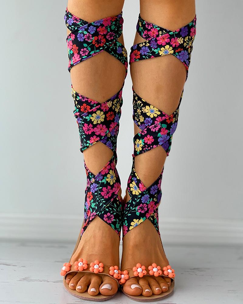 

Colorblock / Floral / Sunflower Print Strappy Flat Sandals, Multicolor