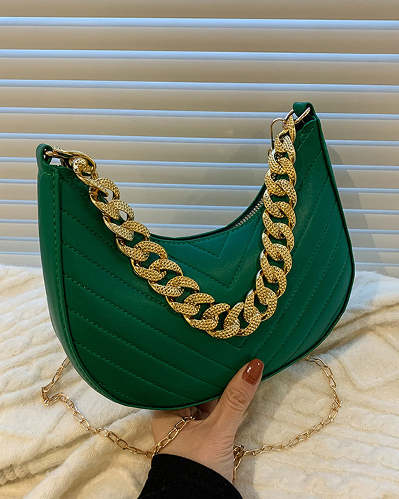 

Chain Strap Baguette Bag With Shoulder, Green