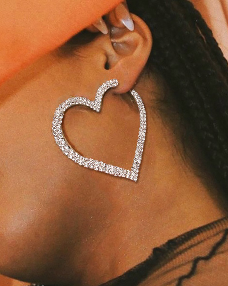 

1Pair Heart Shaped Rhinestone Earrings, Silver