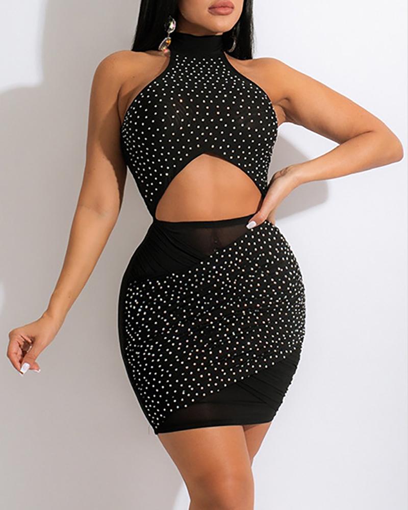 

Rhinestone Sleeveless Cutout Front Ruched Bodycon Dress, Black
