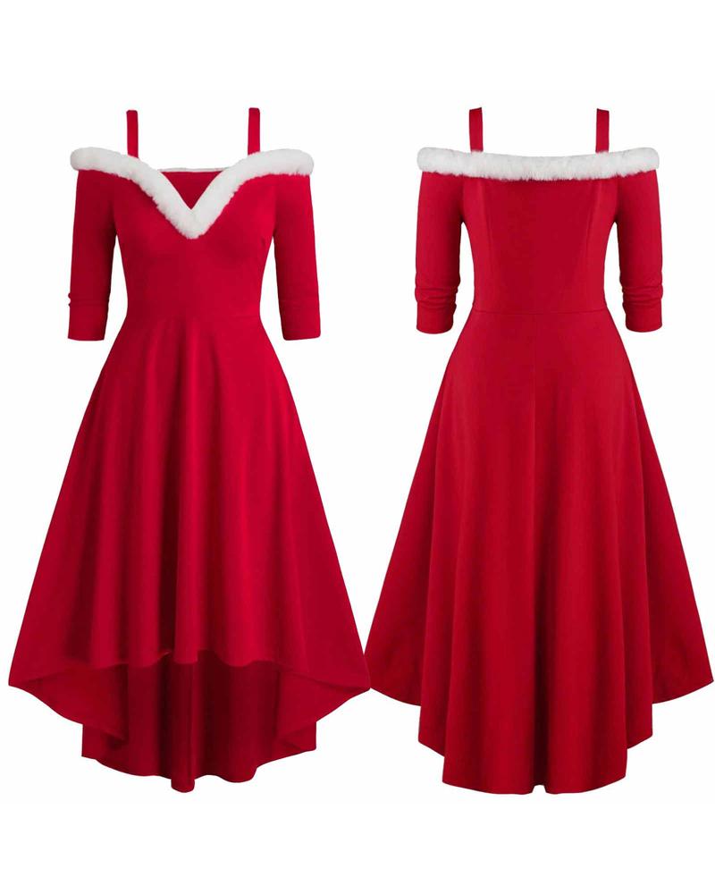 

Christmas Fuzzy Trim Cold Shoulder High Low Hem Party Dress, Red