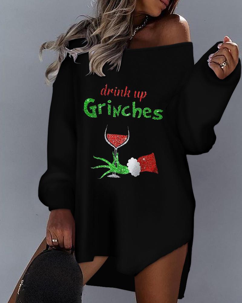 

Christmas Graphic Print Long Sleeve Dress, Black