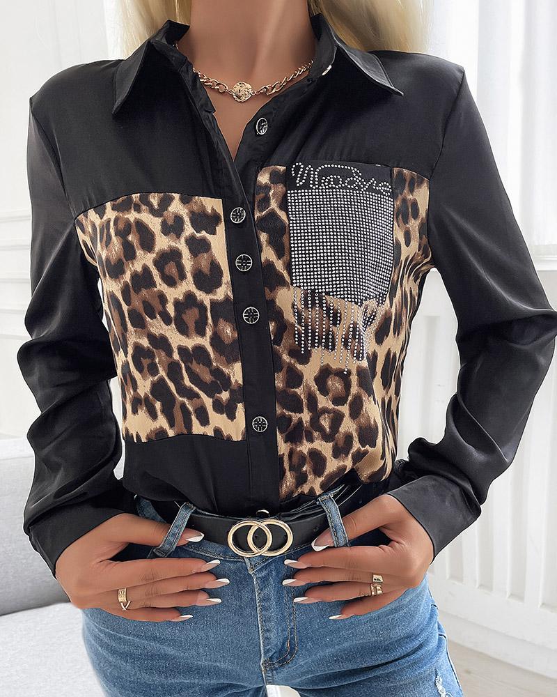 

Leopard Print Rhinestone Button Up Top, Black