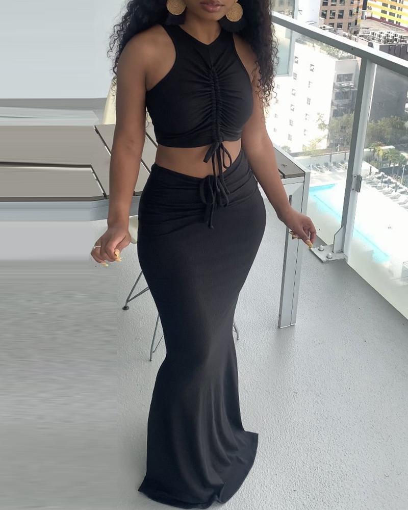 

Ribbed Drawstring Sleeveless Top & Maxi Skirt Set, Black