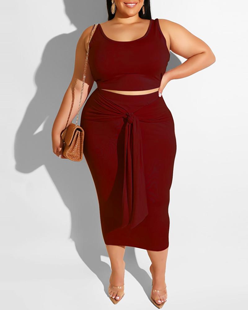 

Solid Thick Strap Top & Midi Skirt Set, Wine red