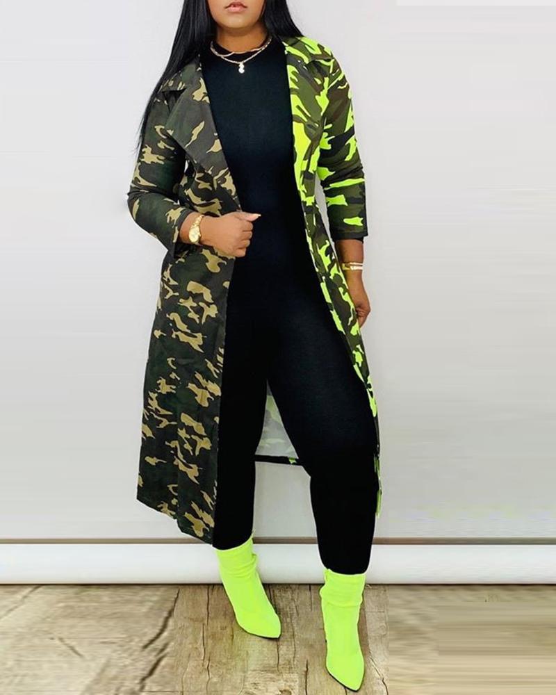 

Camouflage Long Sleeve Longline Coat, Green