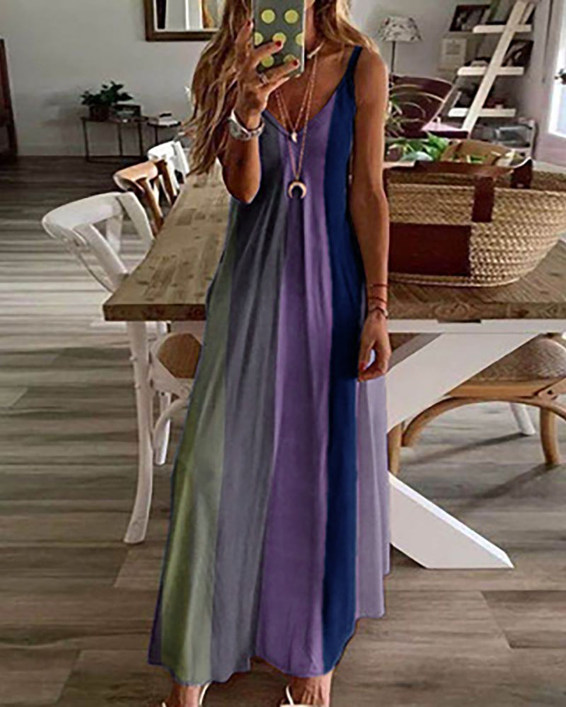 

V-Neck Colorblock Casual Maxi Dress, Dark blue