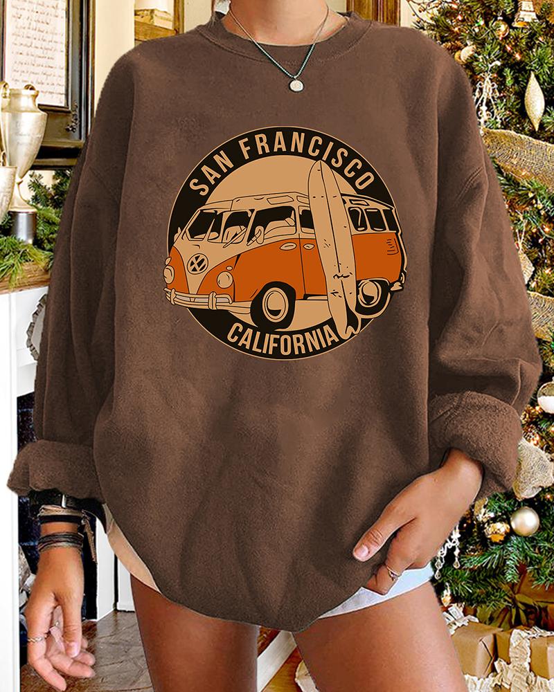 

Round Neck Car Letter Print Sweatshirt, Coffee