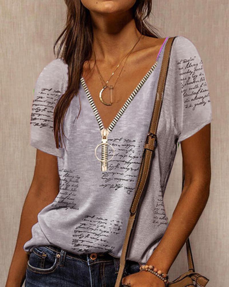 

Letter Printed Front Zipper Casual Fashion T-shirt V Neck Short Sleeve Loose Tops, Gray