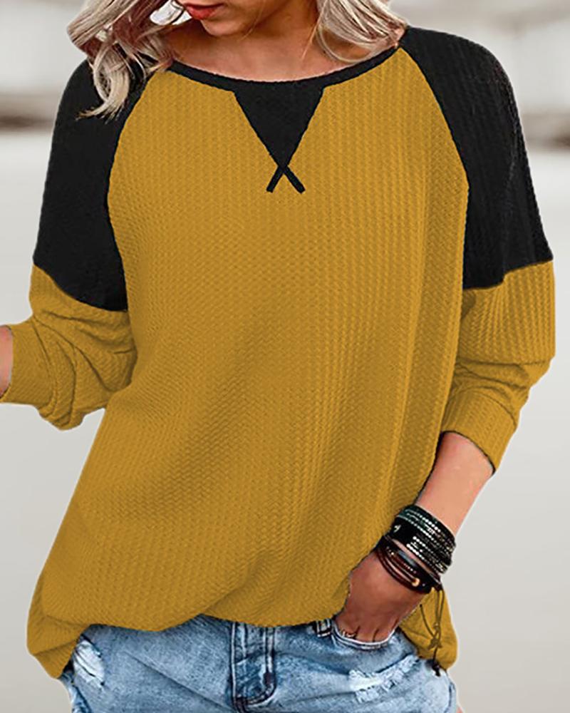 

Long Sleeve Colorblock Waffle Knit Top, Yellow