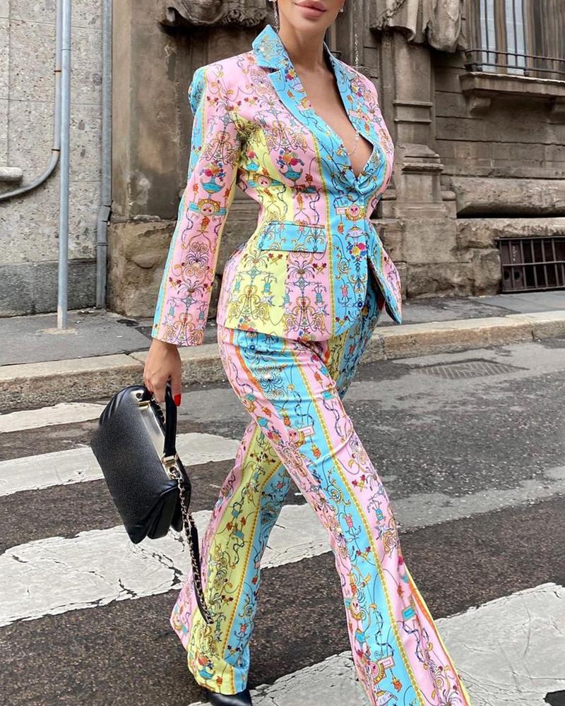 

Scarf Print Blazer Coat & Bootcut Pants Set, Multicolor