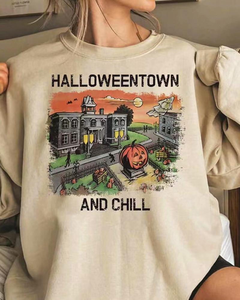 

Halloween Halloweentown And Chill Graphic Print Crew Neck Sweatshirt, Apricot