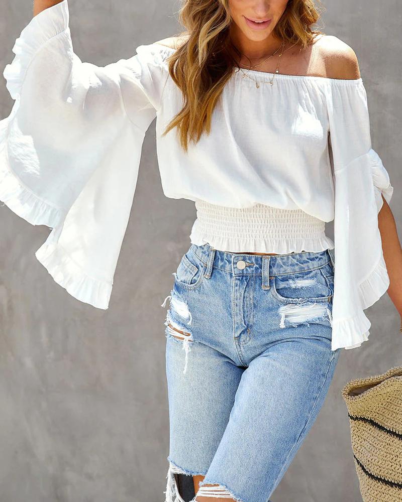 

Asymmetrical Ruffles Bell Sleeve Shirred Top, White