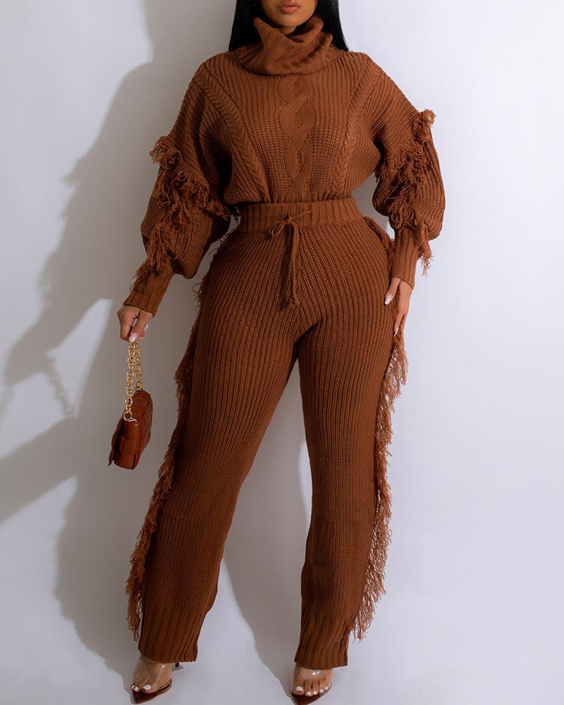 

Tassel Design Sweater & Drawstring Pants Set, Coffee