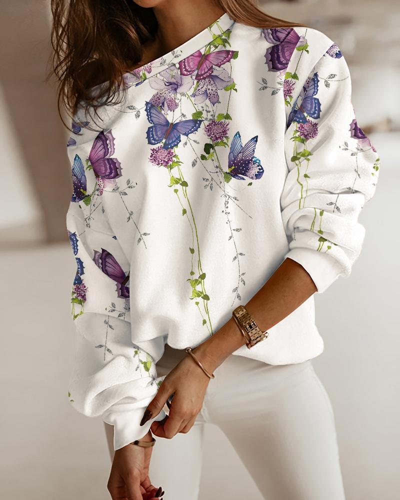 

Long Sleeve Butterfly Print Sweatshirt, White