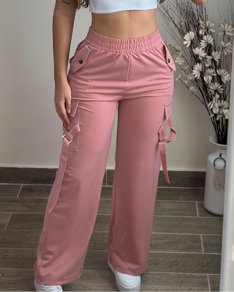 

High Waist Pocket Design Cargo Pants, Pink