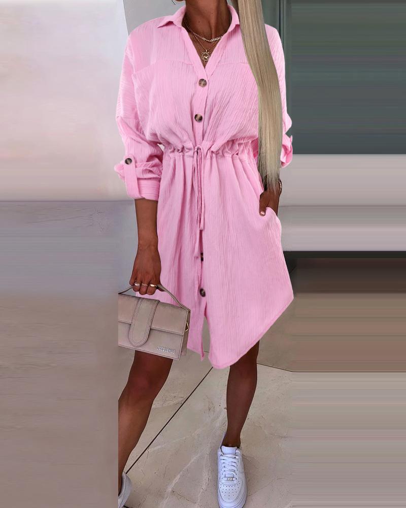 

Roll Up Sleeve Drawstring Textured Shirt Dress, Pink