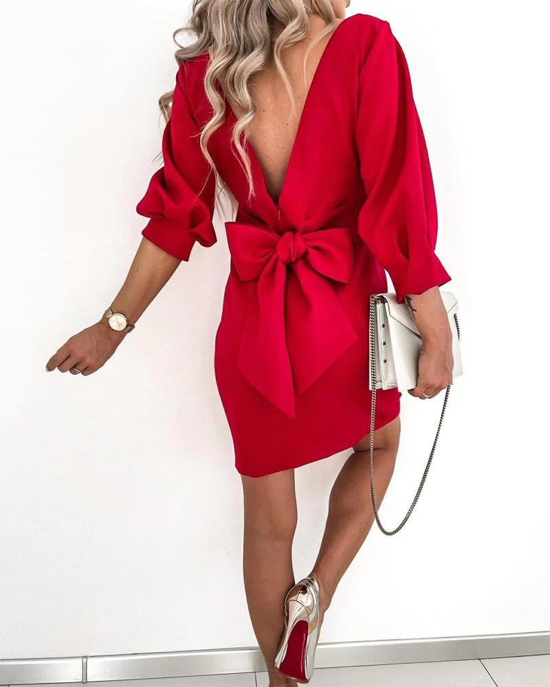 

Bowknot Decor V-Back Chocolate Party Dress, Red