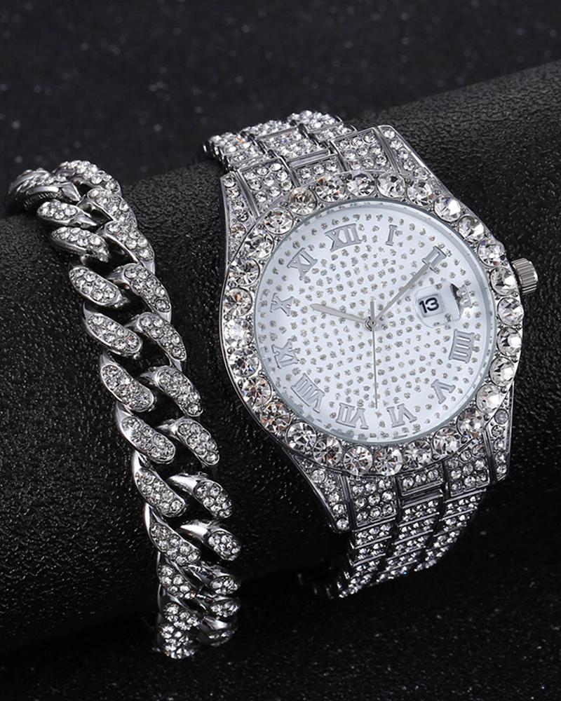 

2pcs Rhinestone Decor Quartz Watch & Chain Bracelet Set, Style1