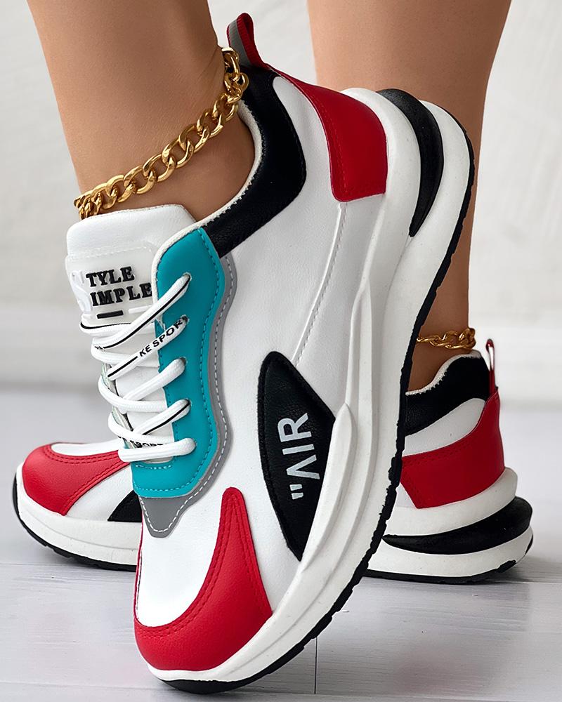 

Colorblock Lace-up Muffin Casual Sneakers, White&red