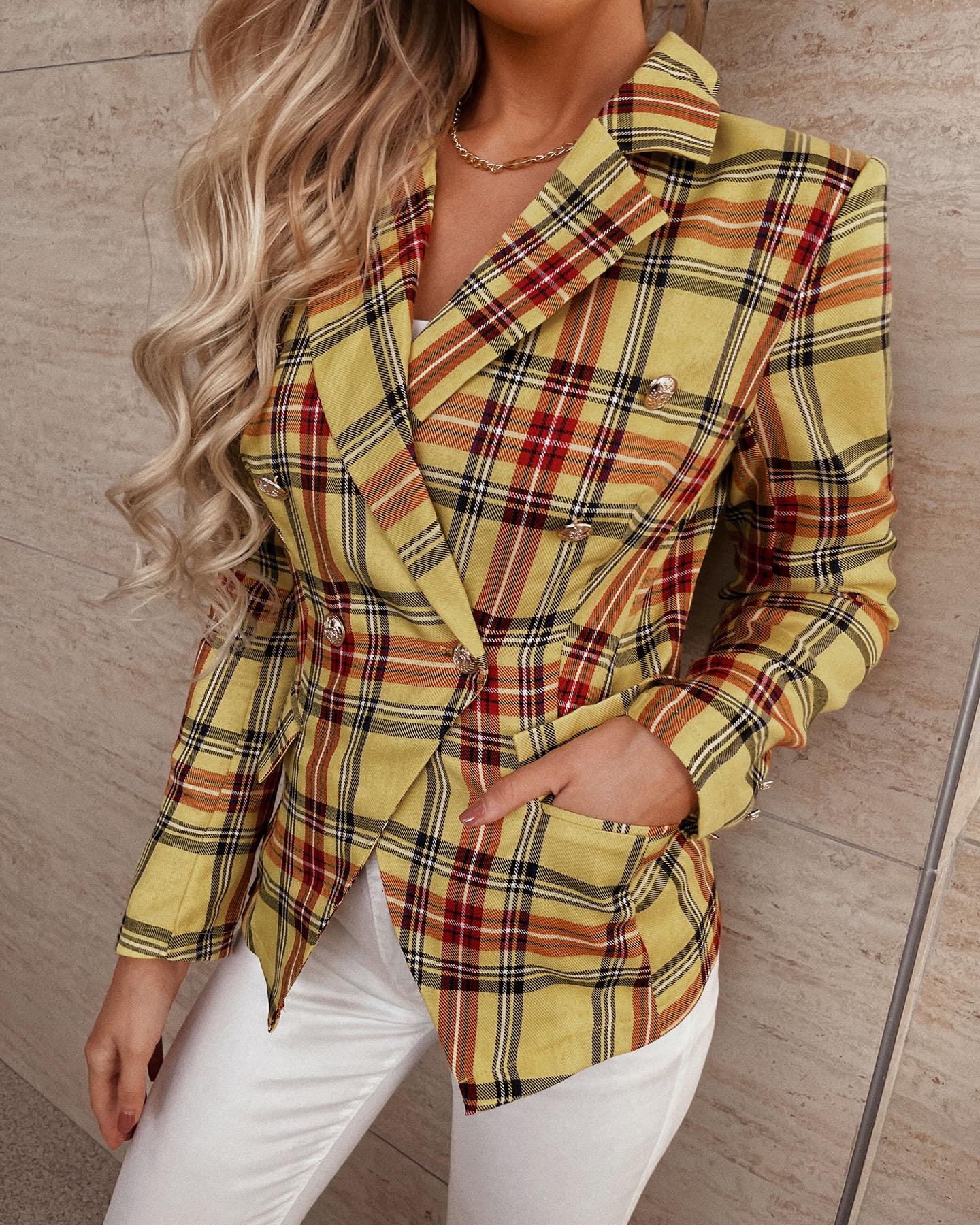 

Lapel Collar Flap Detail Double Breasted Plaid Blazer, Yellow