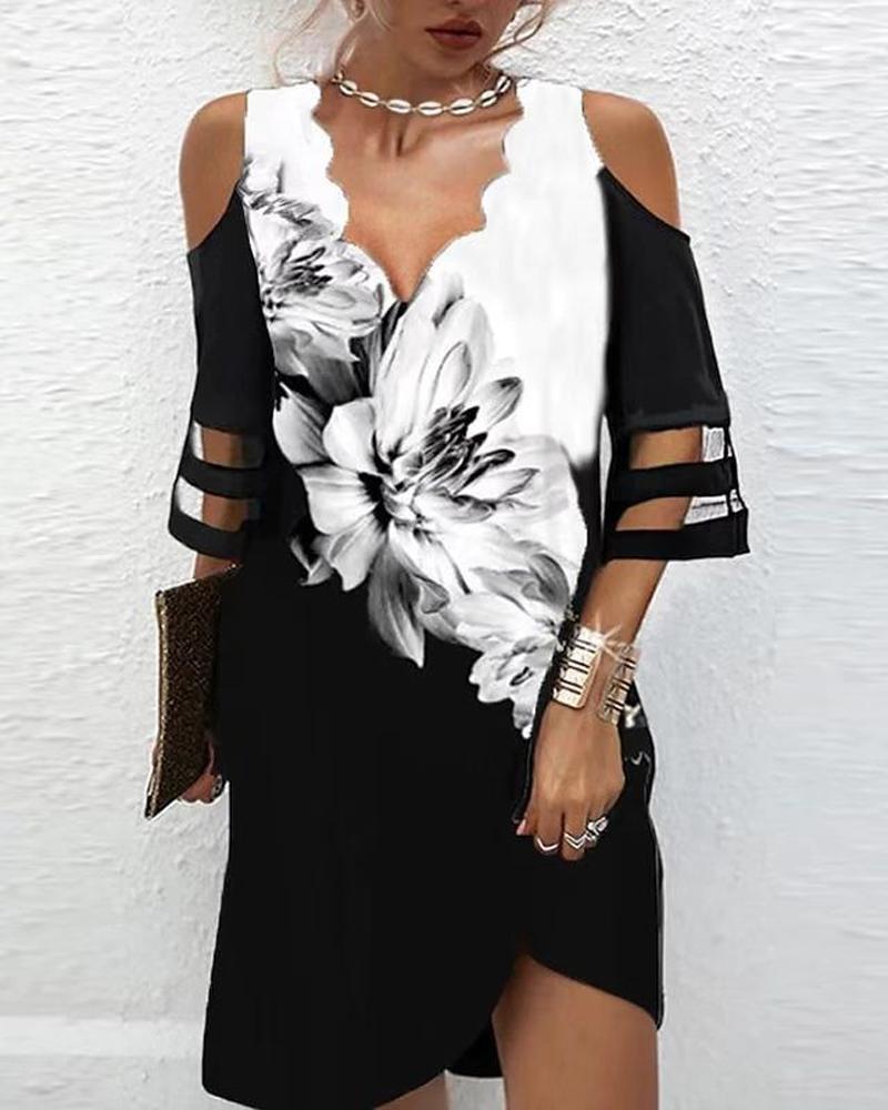 

Colorblock Contrast Mesh Cold Shoulder Casual Dress, Black