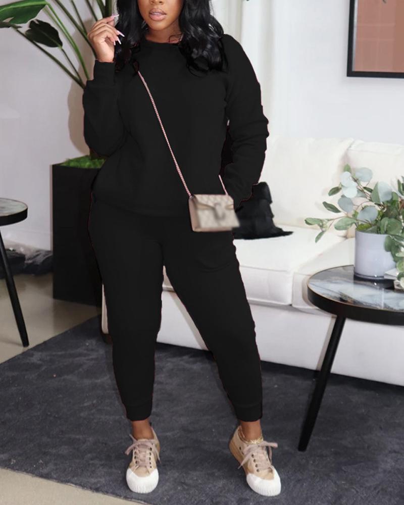 

Plus Size Long Sleeve Casual Top & Pants Set, Black