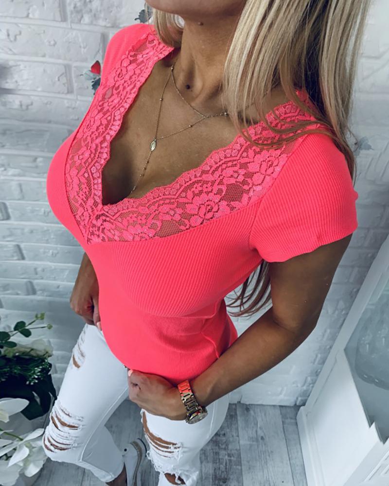 

Lace Stitching V Neck Short Sleeve Blouse, Hot pink