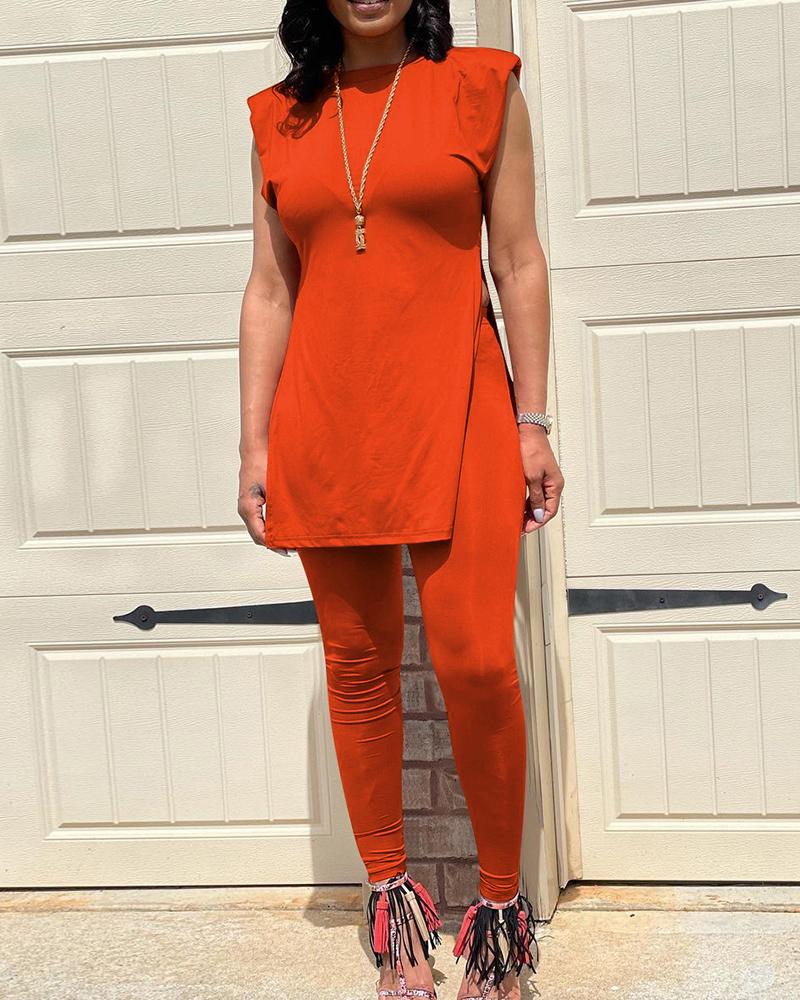 

O Neck Sleeveless Slit Top & Pants Set, Orange