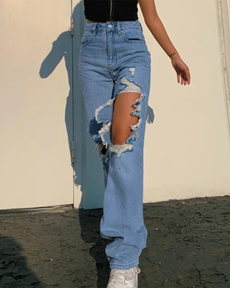 

High Waist Buttoned Ripped Cutout Jeans, Blue