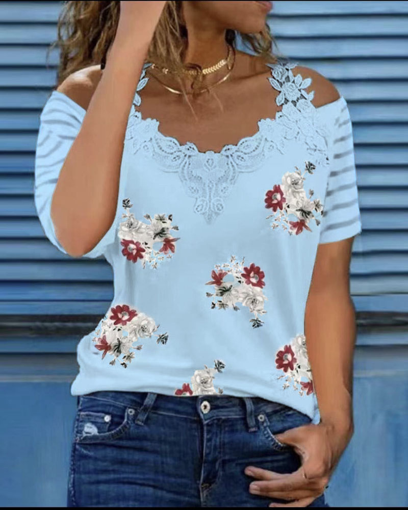 

Floral Print Guipure Lace Patch Cold Shoulder Top, Blue