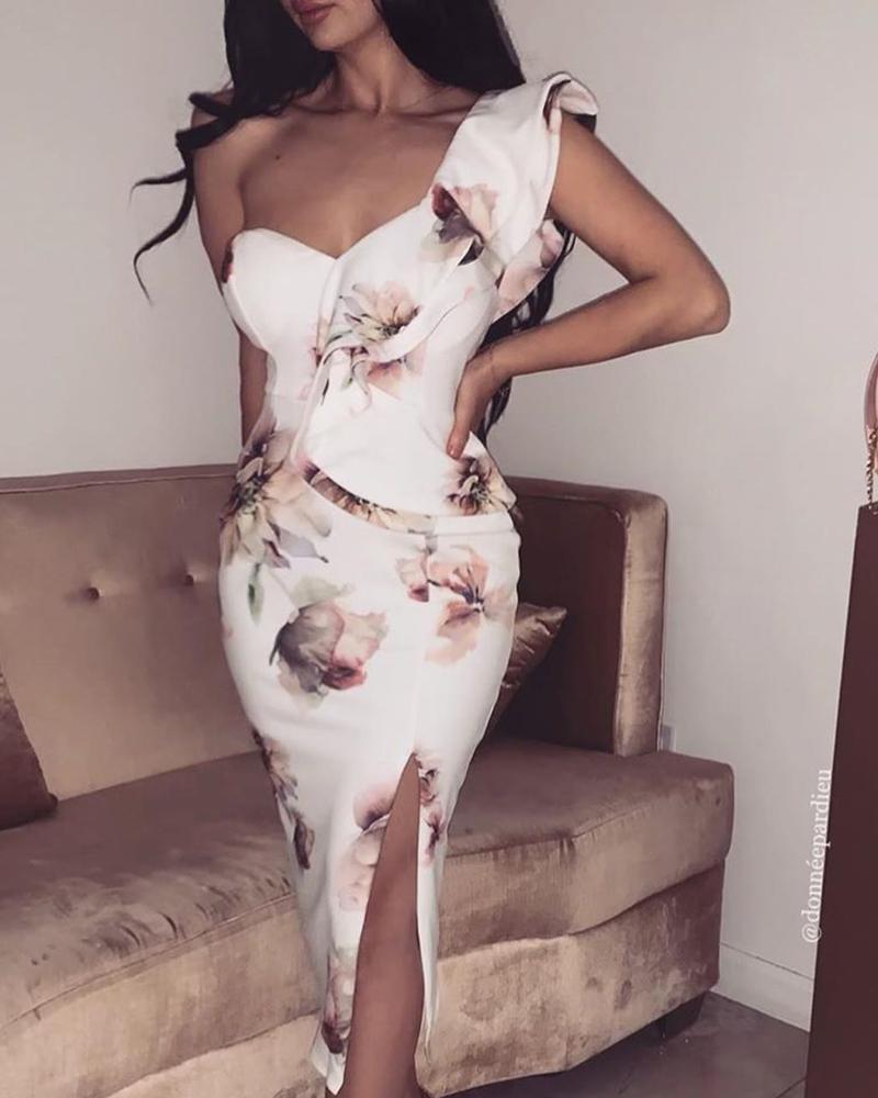 

One Shoulder Floral Print Ruffles Slit Dress, White