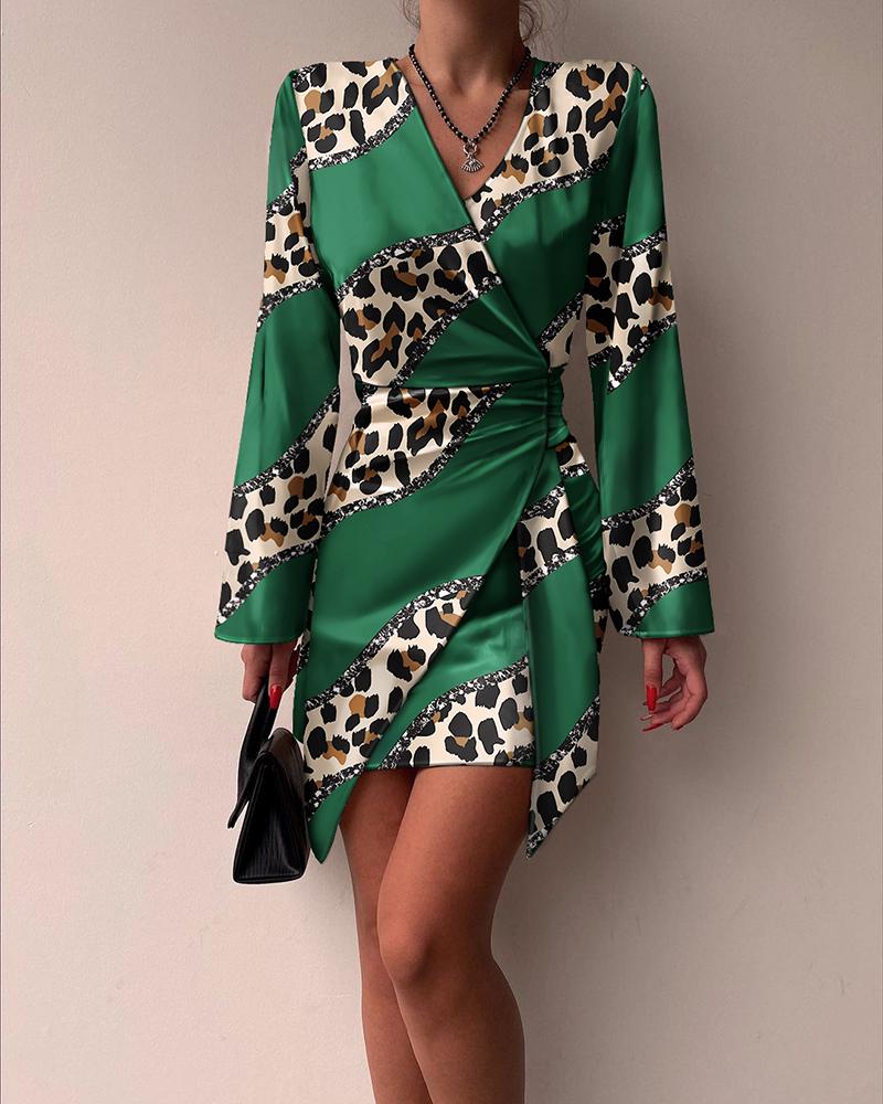 

Leopard Print Long Sleeve Ruched Wrap Dress, Green