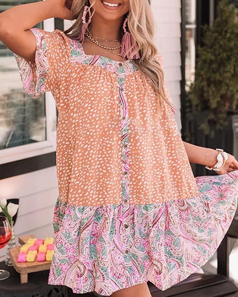 

Polka Dot Print Short Sleeve Mini Dress With Pockets, Khaki