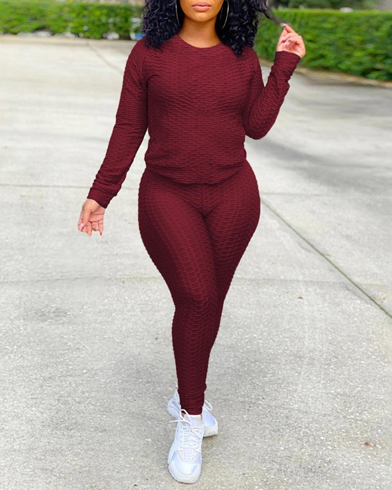 

Textured Long Sleeve Top & High Waist Pants Set, Wine red