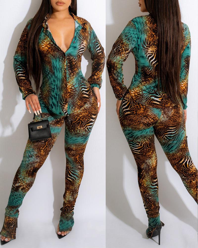 

Leopard Print Long Sleeve Button Down Shirt & Pants Set, Multicolor