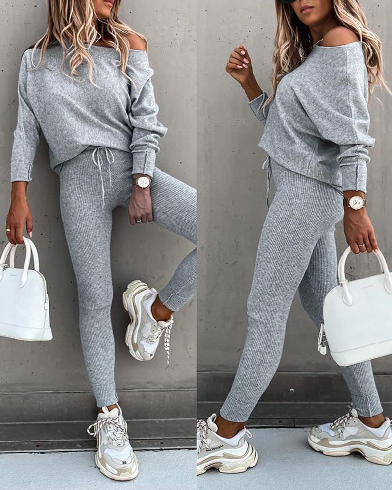 

2 Piece Lounge Outfit Long Sleeve Pullover Tops Drawstring High Waisted Pants Set Tracksuit, Gray