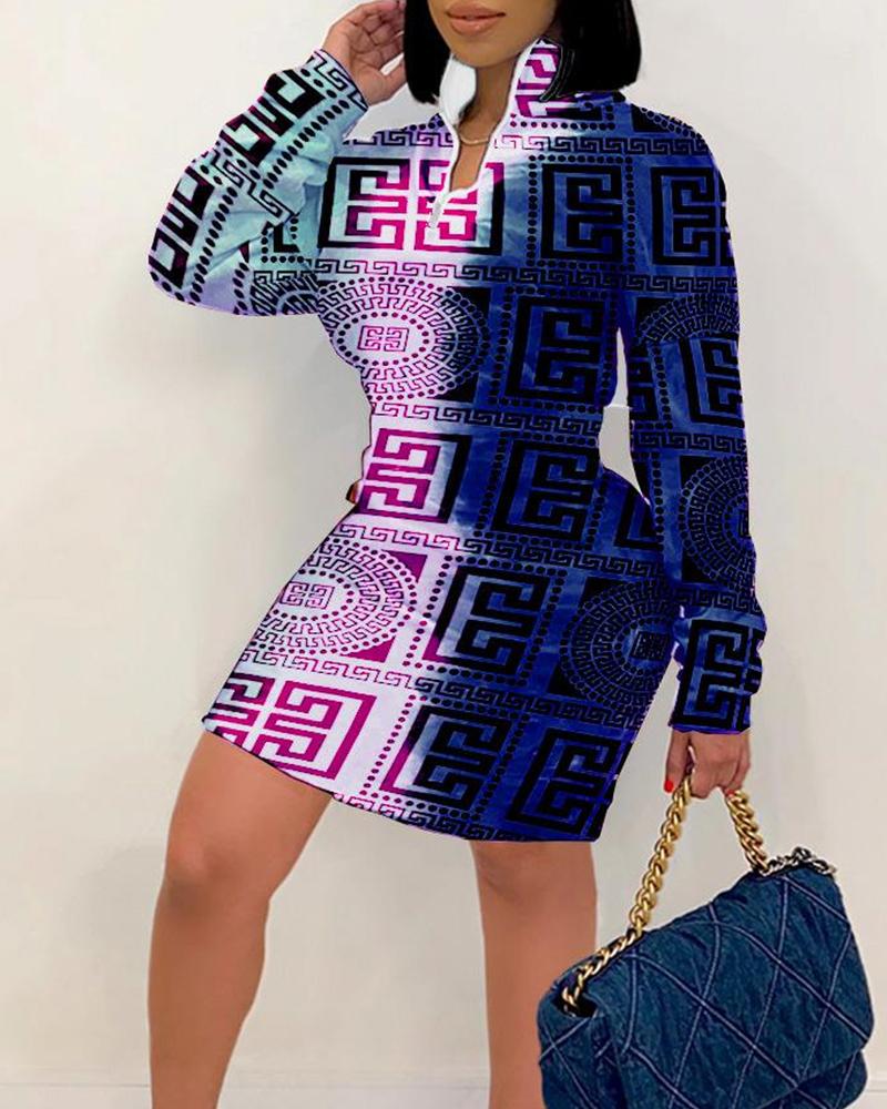 

Color Block Print Long Sleeve Wrap Mini Dress, Blue