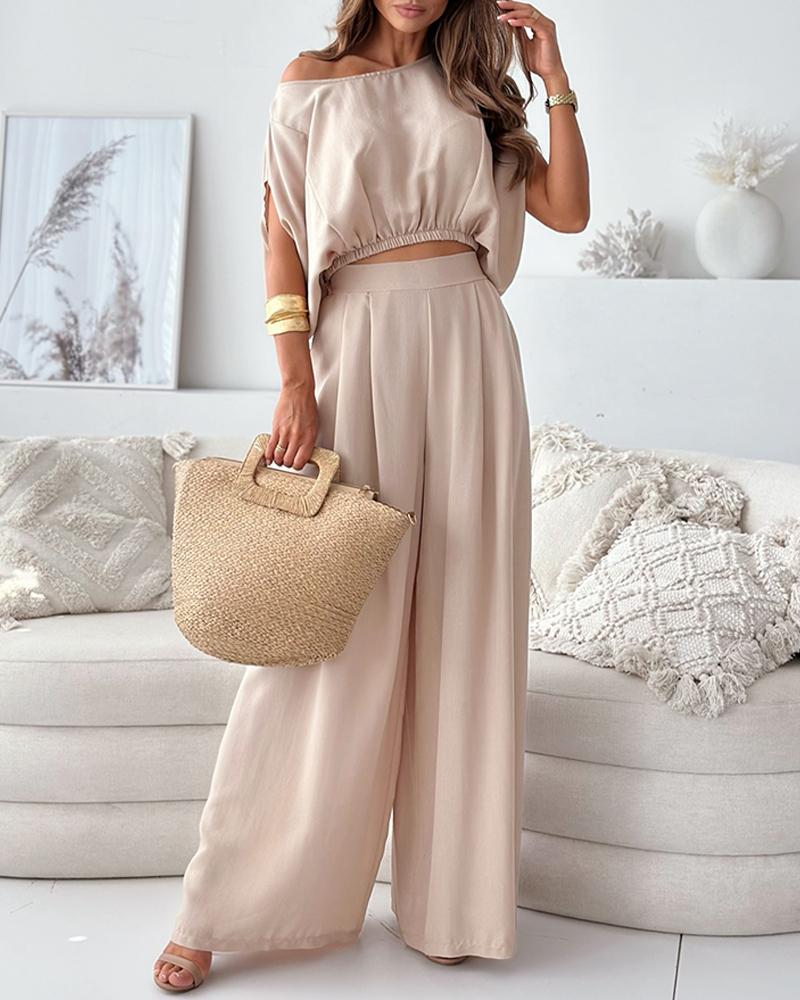 

Ruched Crop Top & Wide Leg Pants Set, Apricot