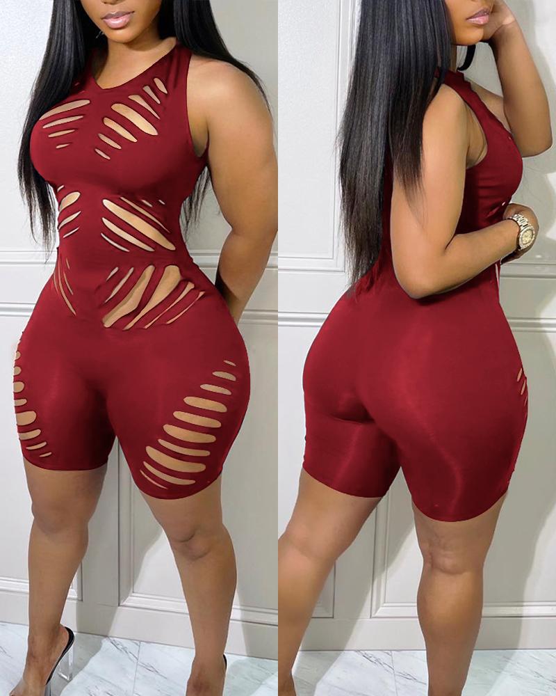 

Plain Cutout Sleeveless Skinny Romper, Wine red